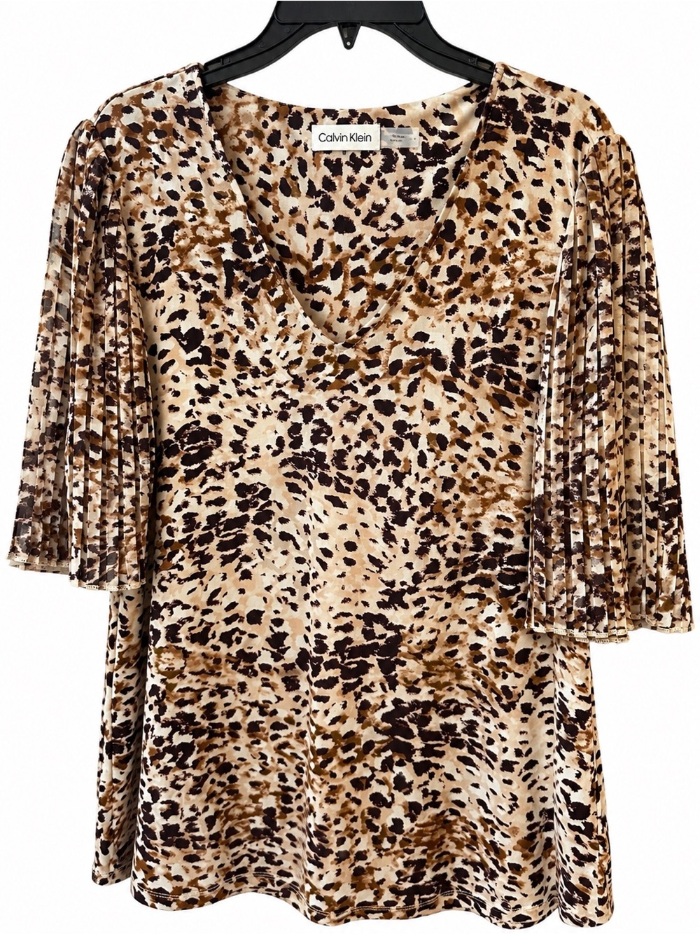 Calvin Klein Women's Leopard Print V-Neck Top in Beige and dark purple